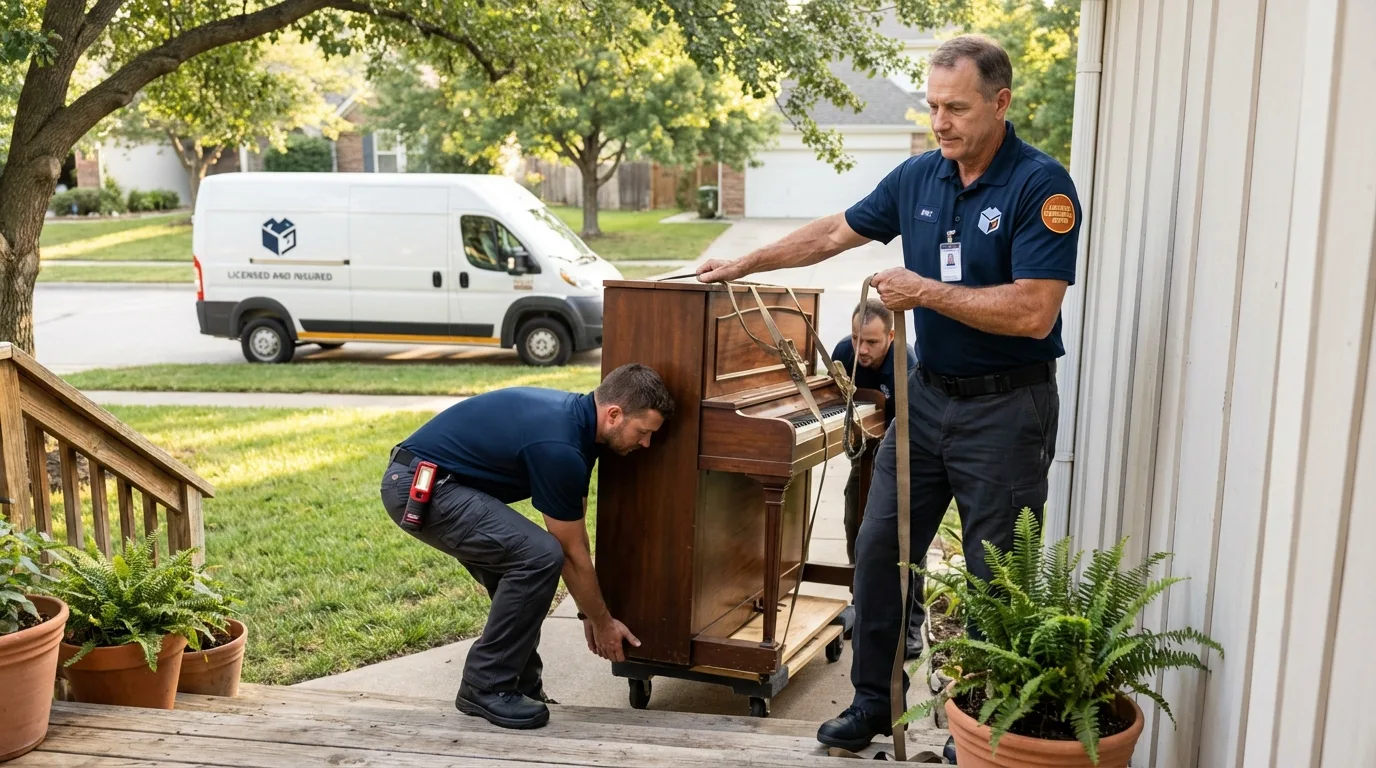 Licensed piano movers securing grand piano in Cumming, GA