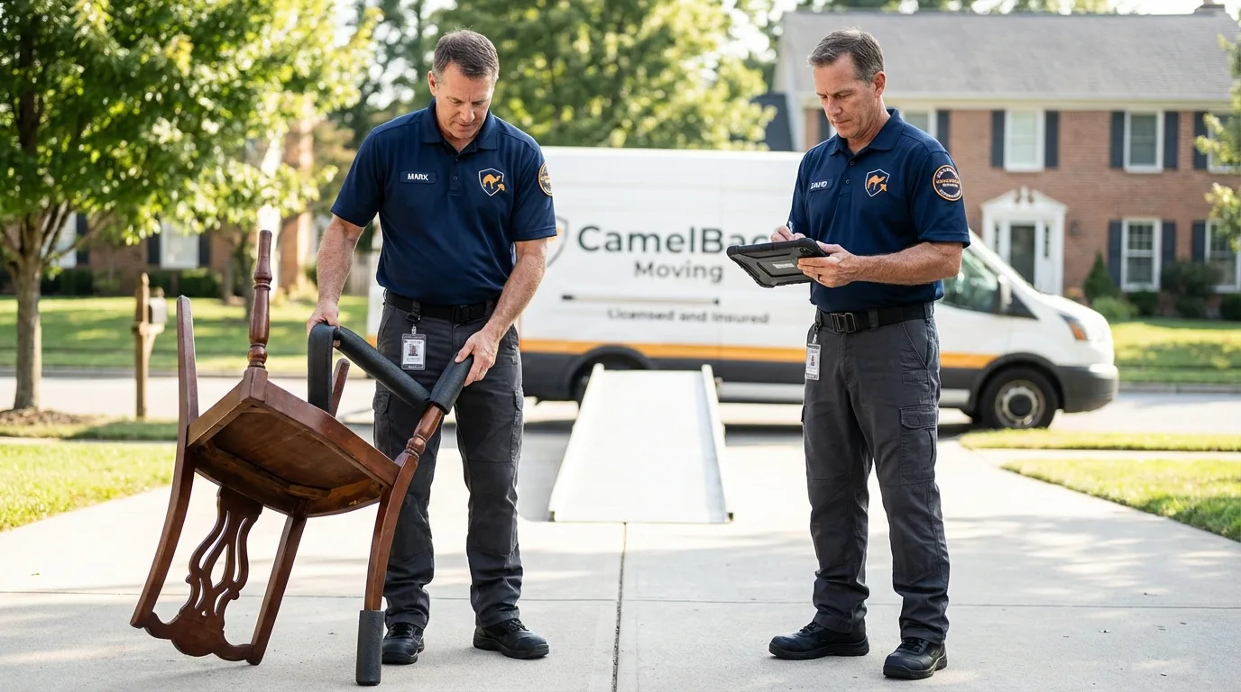 Movers inspecting furniture for damage prevention before loading in Cumming, GA