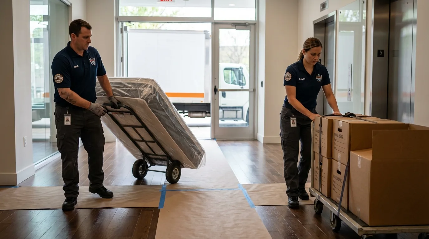 Professional apartment movers loading elevator in Cumming, GA