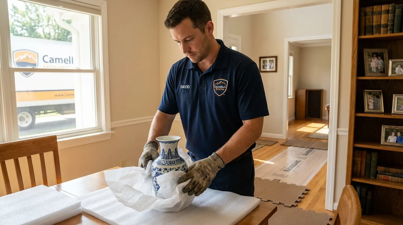 Professional crew carefully wrapping antique vase for senior downsizing move in Cumming, GA